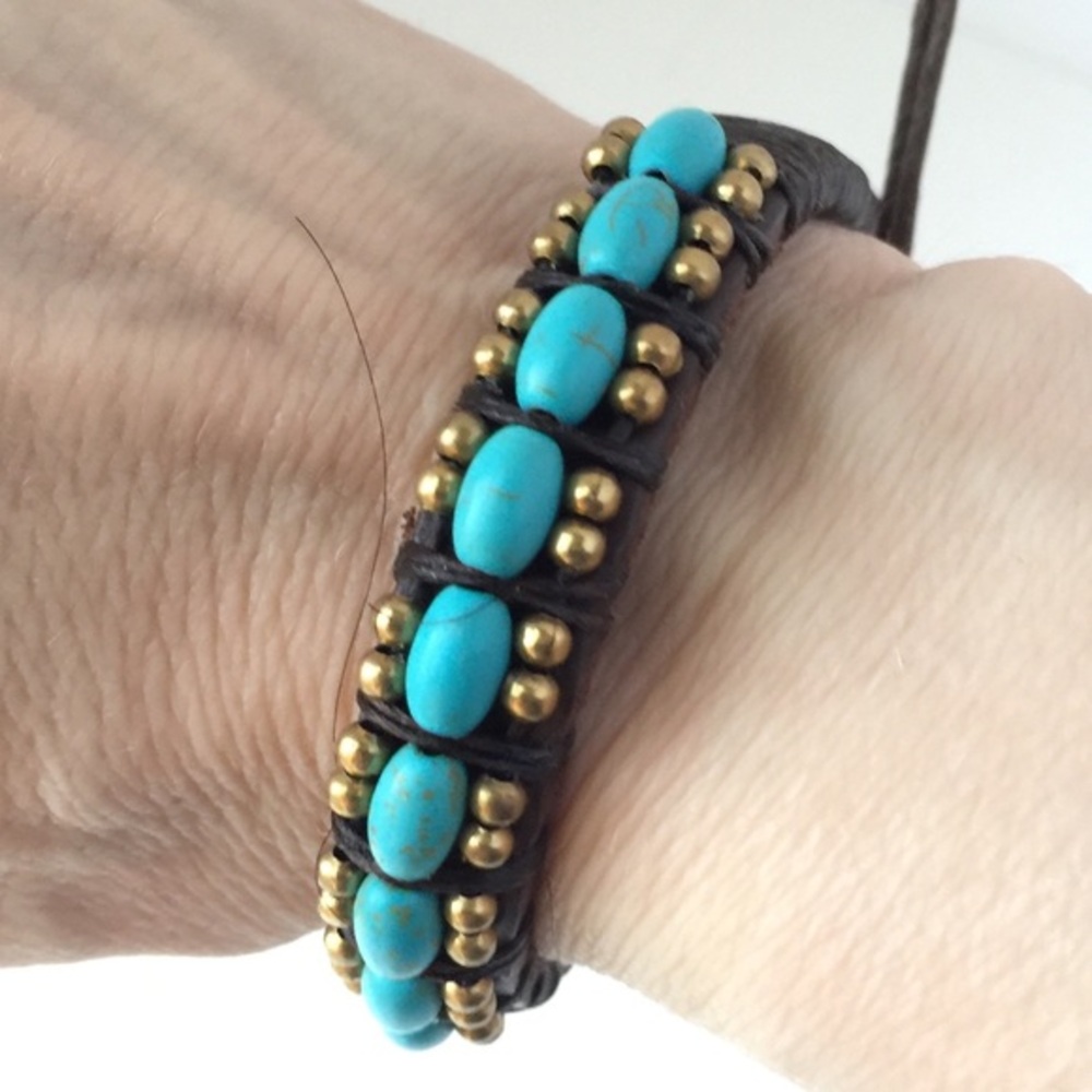 Hand-Made Brass & Turquoise Leather Bracelet NEW
